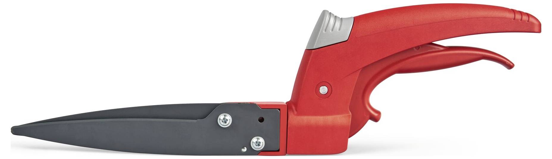 Rote, einstellbare Rasenschere mit schwarzer Klinge und ergonomischem Griff, seitlich dargestellt.