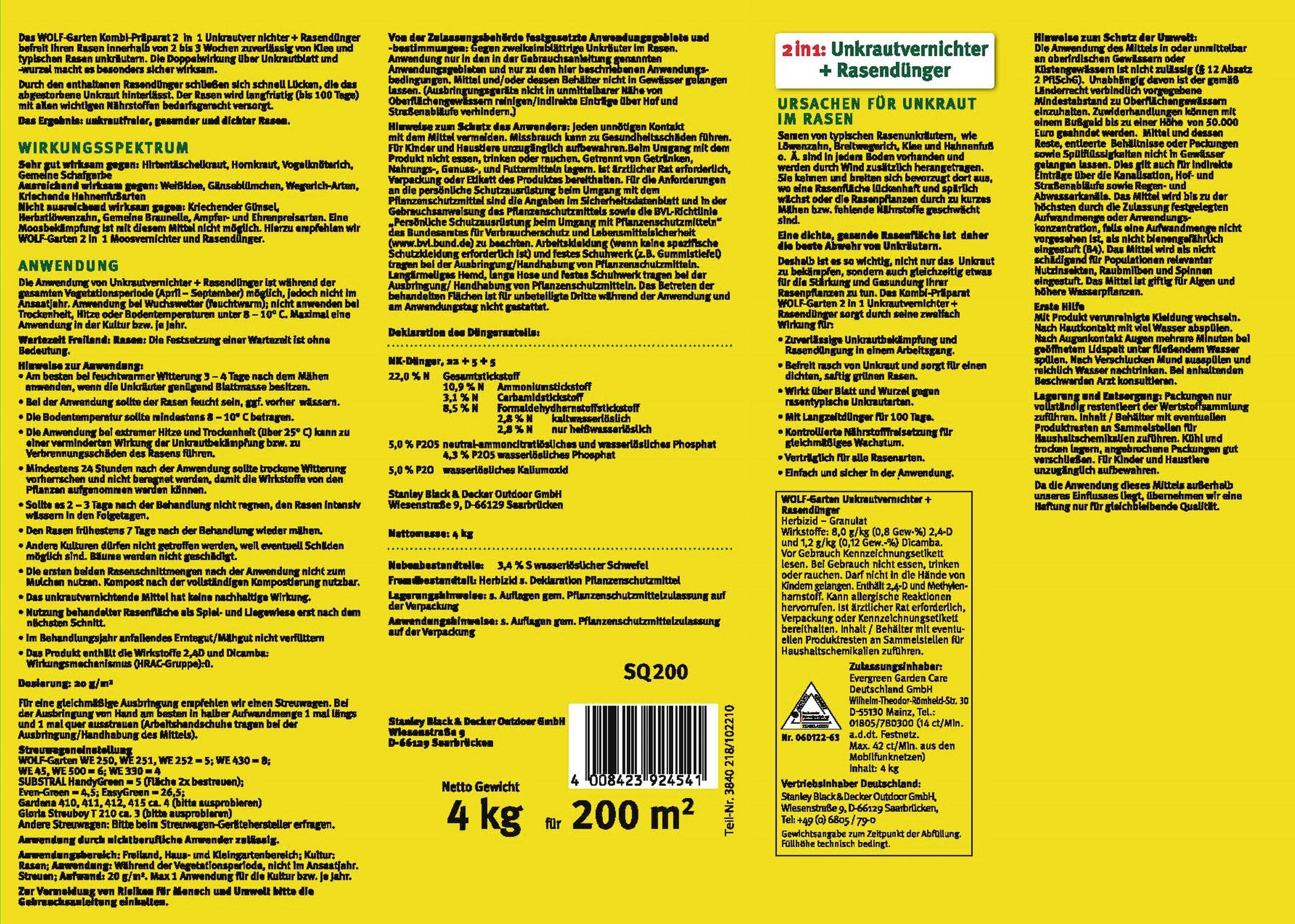 Produktverpackung eines 2-in-1 Unkrautvernichters und Rasendüngers. Gelber Hintergrund mit Anwendungshinweisen und Inhaltsstoffen.