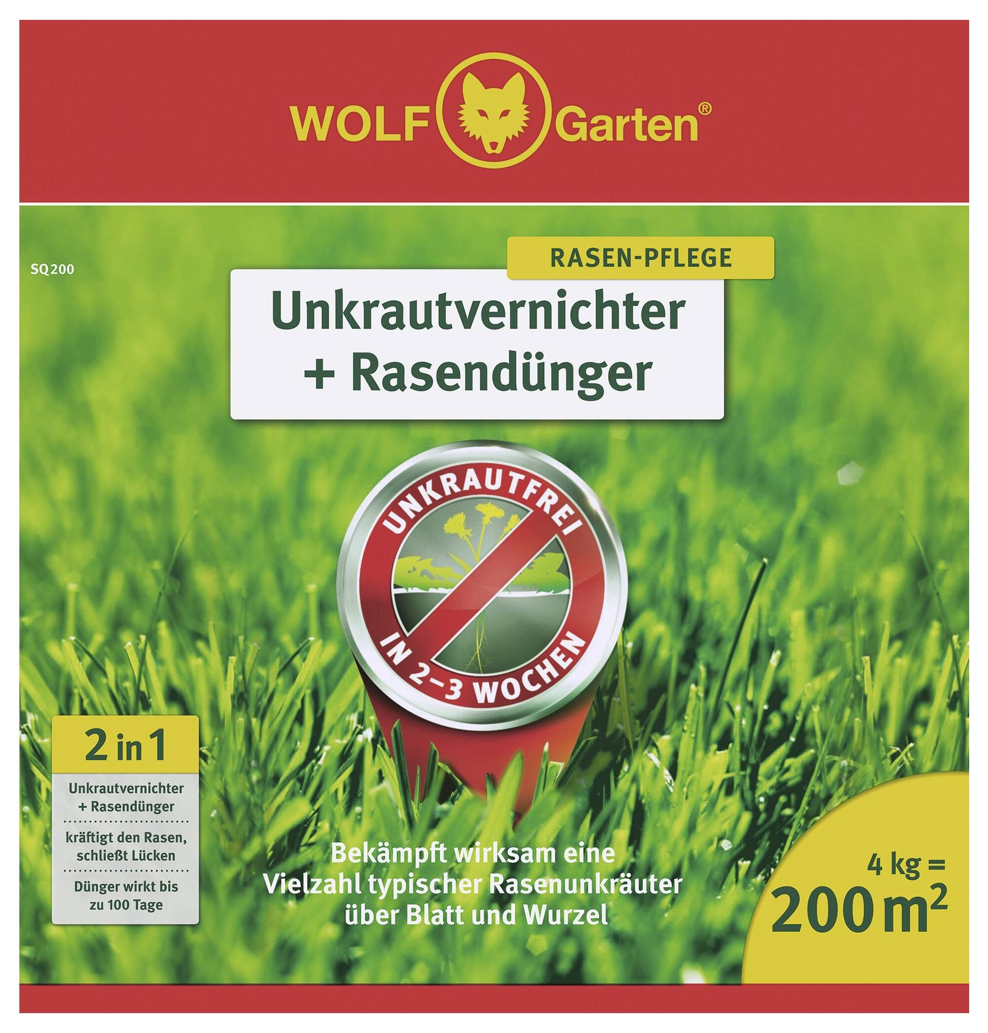 'Unkrautvernichter + Rasendünger' von WOLF Garten. Kombiprodukt gegen Unkraut und für Rasennährstoffe. Wirksam in 2-3 Wochen.