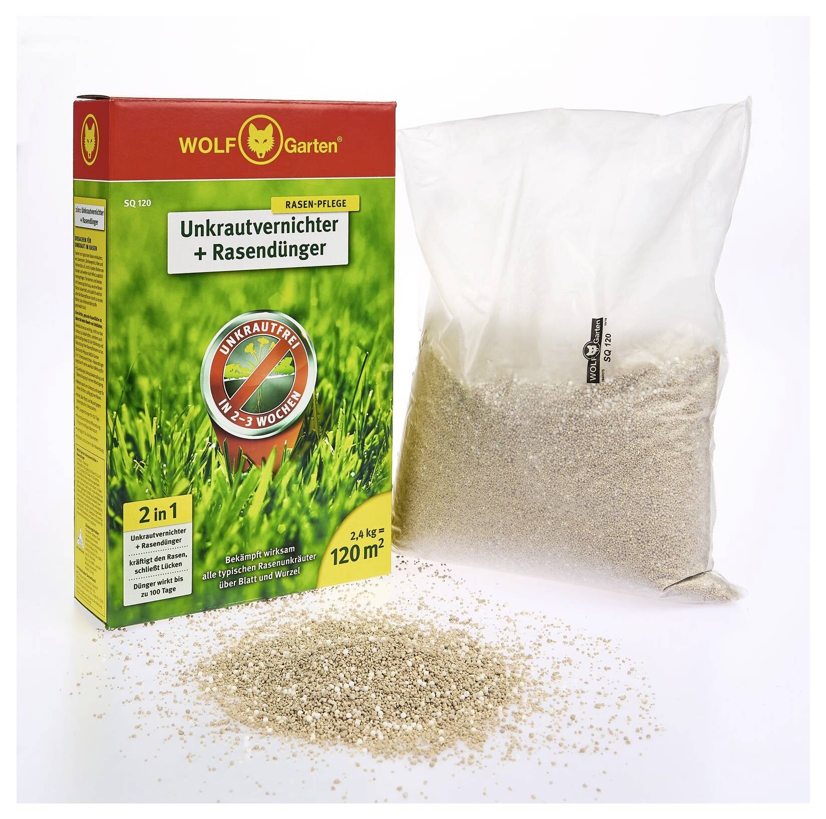 Eine Packung Rasendünger und Unkrautvernichter der Marke Wolf-Garten, daneben ein geöffneter Beutel mit dem Produktinhalt.