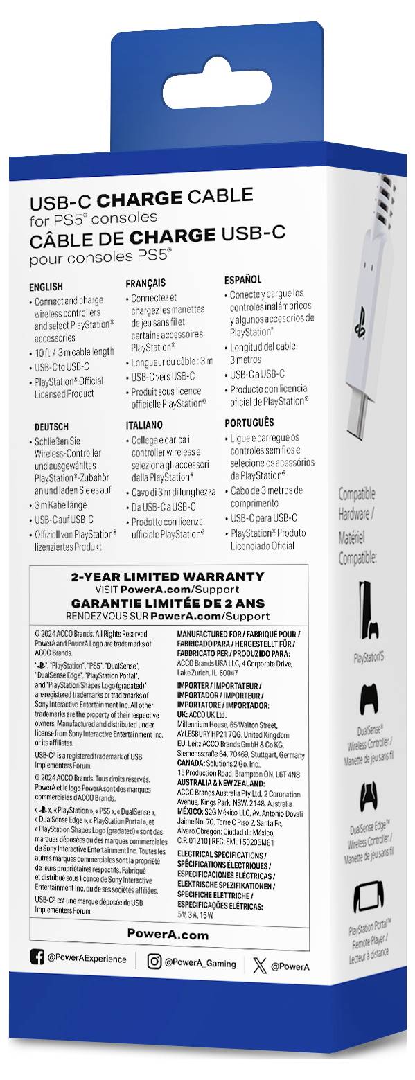 Power A USB-C®-auf-USB-C® (3 m) Ladekabel PS5, PS5 Pro, PS5 Slim