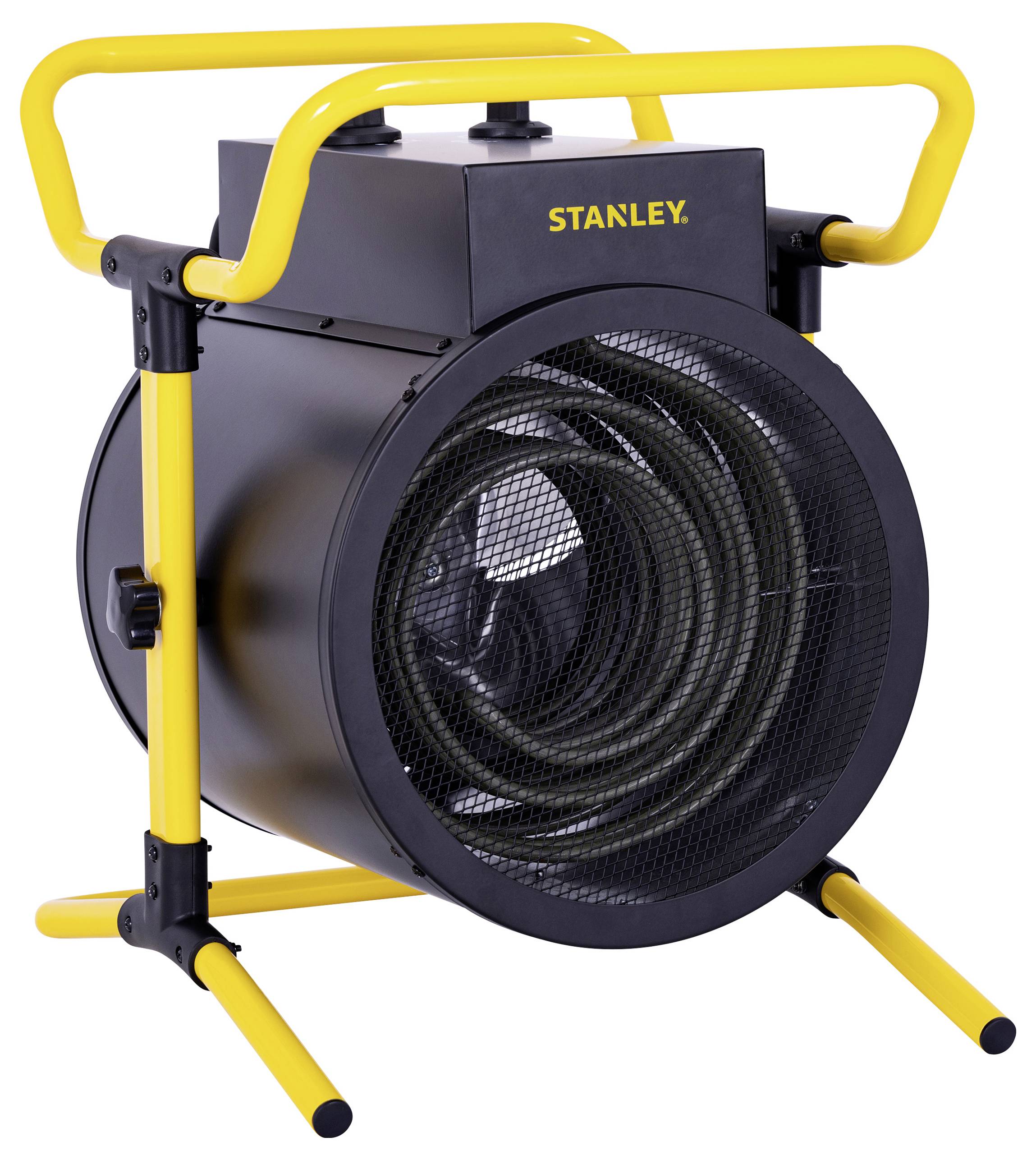 Ein tragbarer, zylindrischer gelber und schwarzer Industrialventilator mit Schutzgitter, mit der Aufschrift 