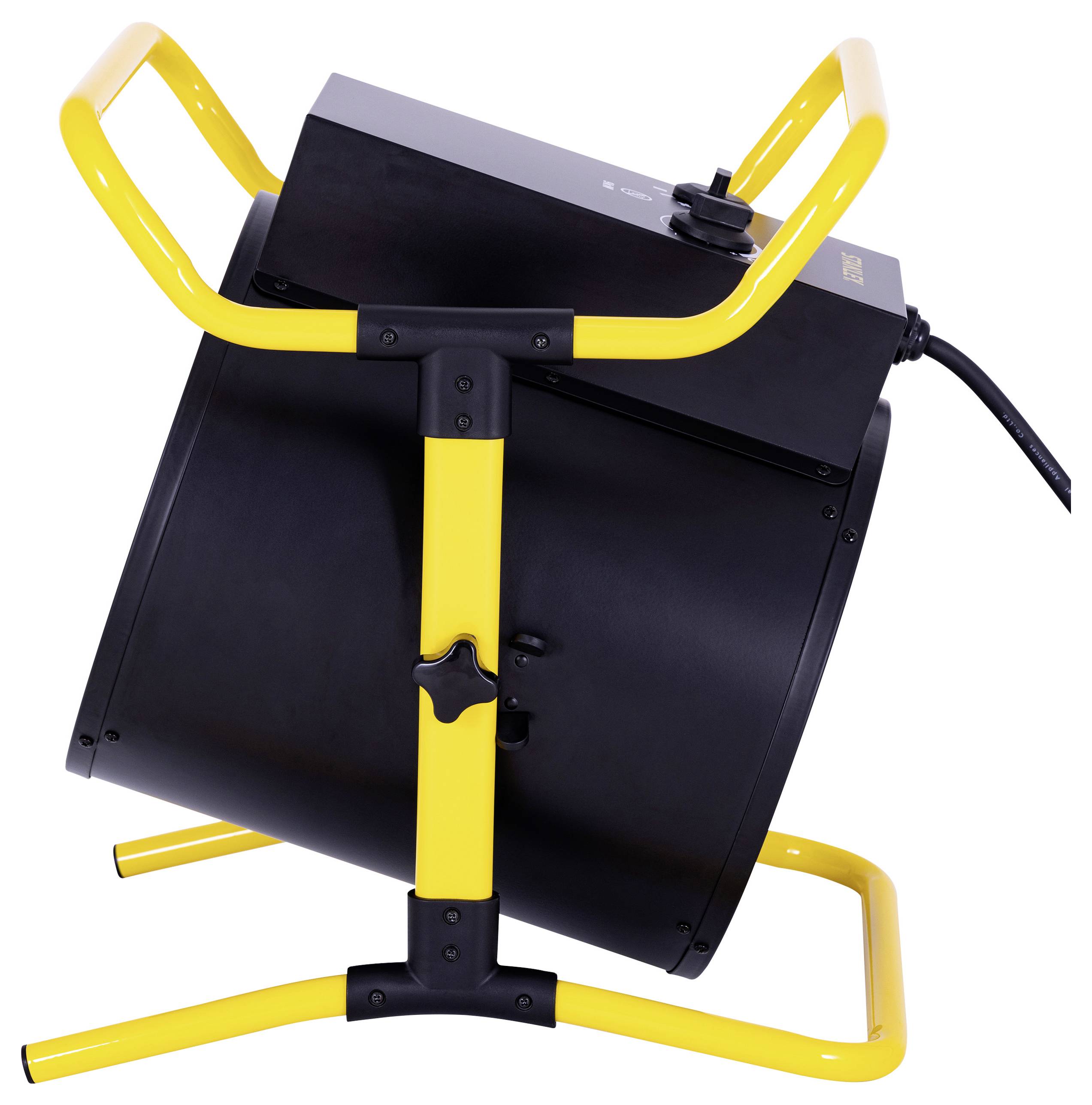 Ein großer industrieller Heizapparat mit schwarzem Gehäuse und gelben Rahmen, ausgestattet mit einem Bedienungsknopf, steht auf einem Ständer und ist einsatzbereit.