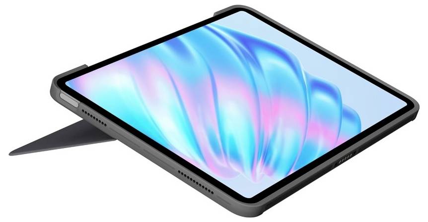 Tablet mit hellem, farbenfrohem Bildschirm, in einem schützenden Gehäuse mit integriertem Ständer, der es schräg positioniert.