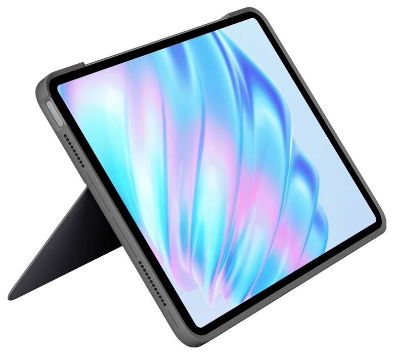 Ein Tablet mit einem schützenden Gehäuse wird auf einem Ständer präsentiert. Der Bildschirm zeigt ein wellenartiges, buntes Design.