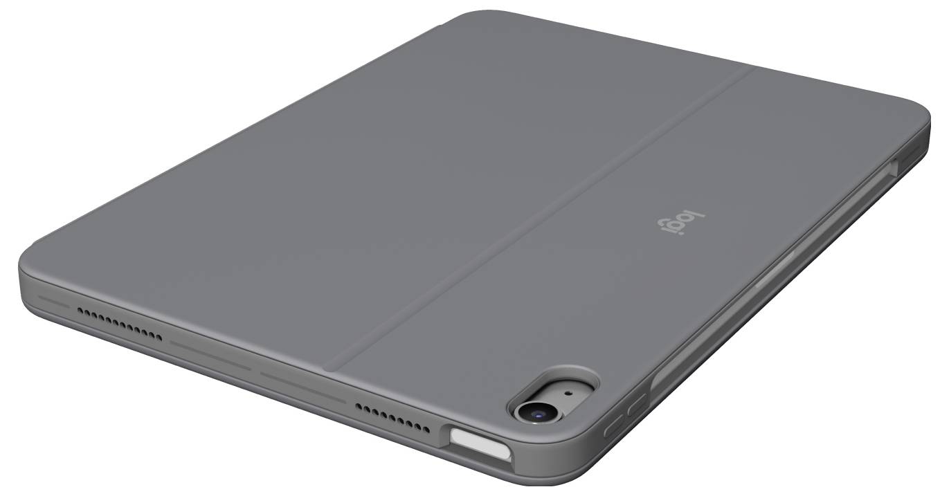 Grau, geschlossenes Tablet mit abgerundetem Design und Kameraausschnitt. Liegt flach, zeigt Rück- und Seitenansicht.