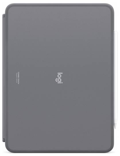 Graue Schutzhülle einer Marke für Tablets mit integriertem Stifthalter an der Seite, geschlossen dargestellt.