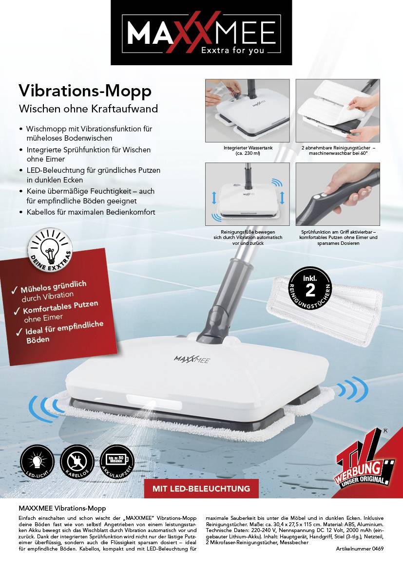 Maxxmee 00469 Akku-Vibrationsmopp Bodenwischer Weiß, Grau 1St.