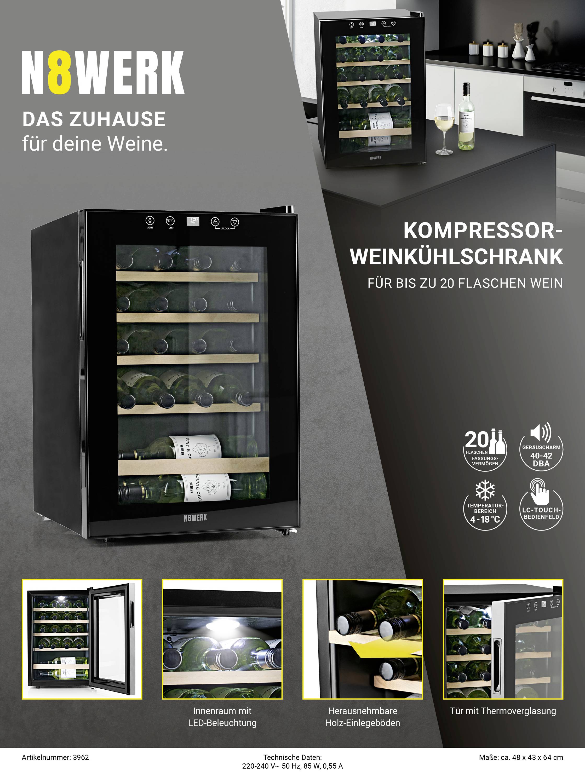 N8WERK JC-62E/HC Glaskühlschrank 62l EEK: G (A - G) Standgerät Schwarz