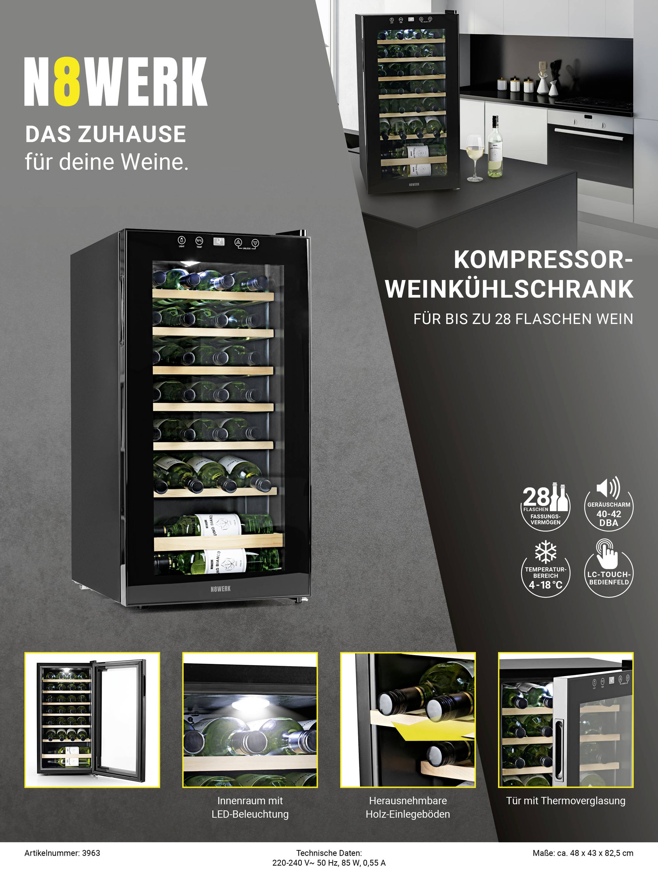 N8WERK JC-88E/HC Glaskühlschrank 88l EEK: G (A - G) Standgerät Schwarz