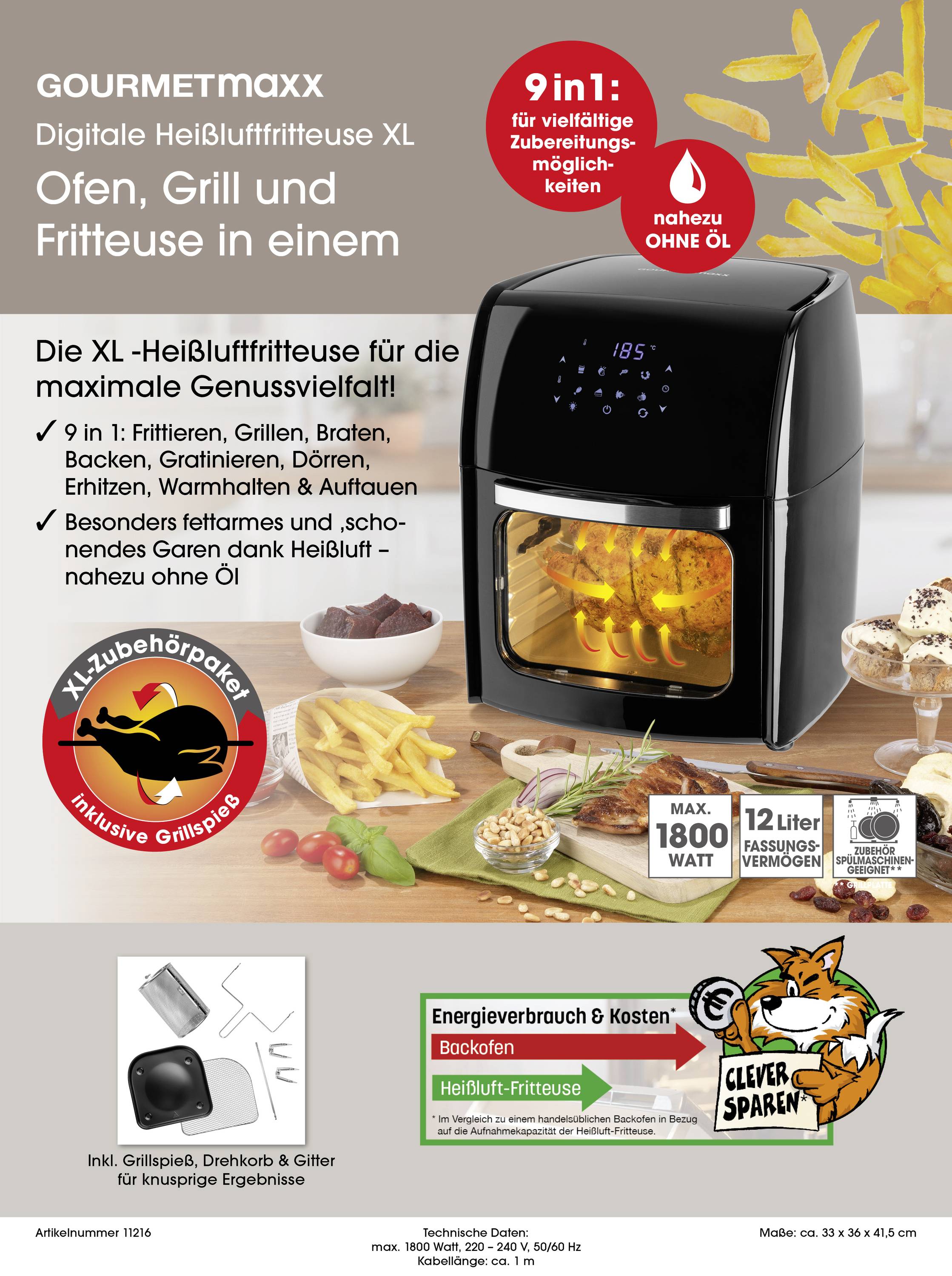 GourmetMaxx Heißluft-Ofen Timerfunktion 12l
