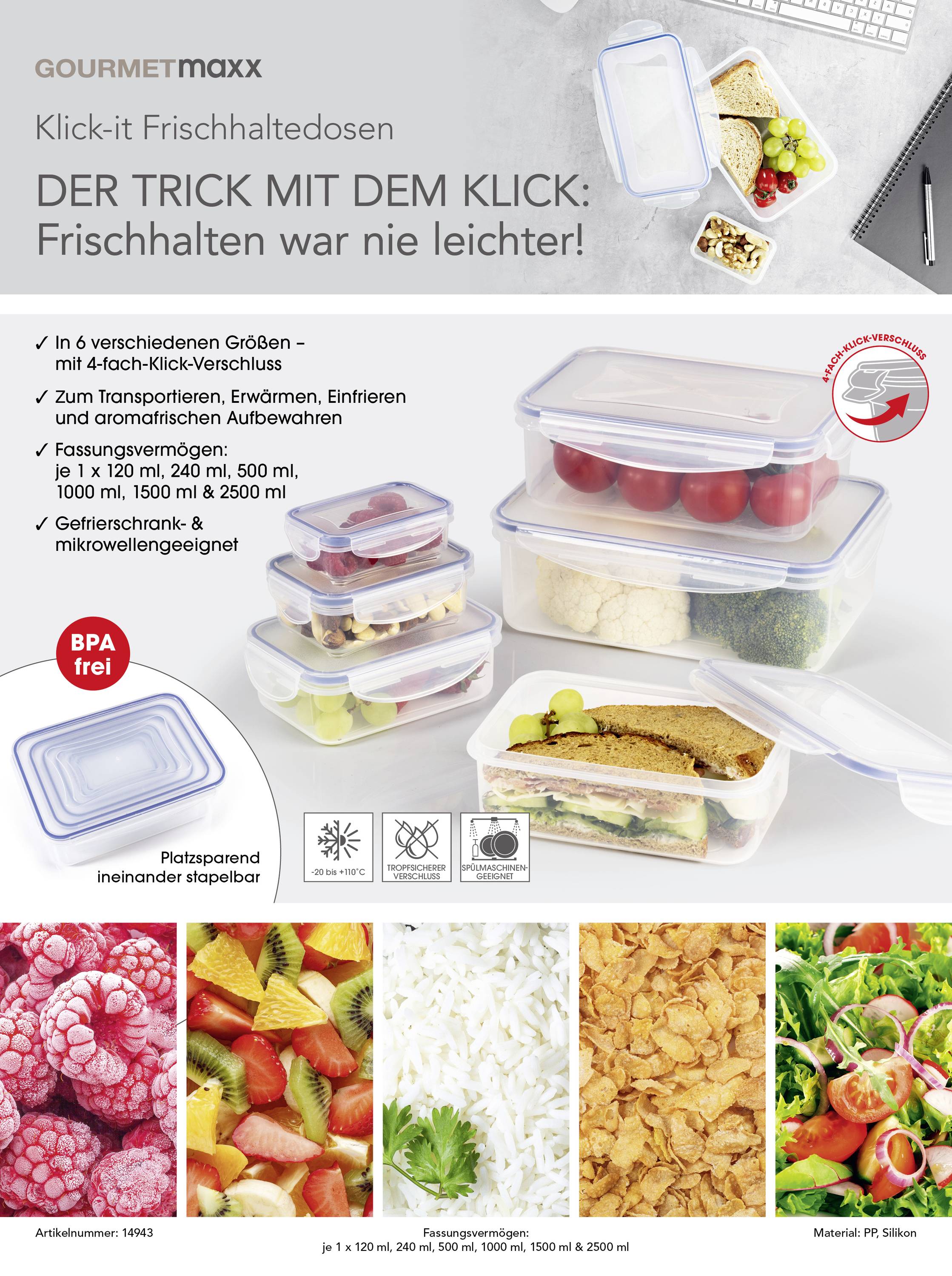 GourmetMaxx Aufbewahrungsbehälter 6er Set PP, Silikon Transparent, Blau 14943