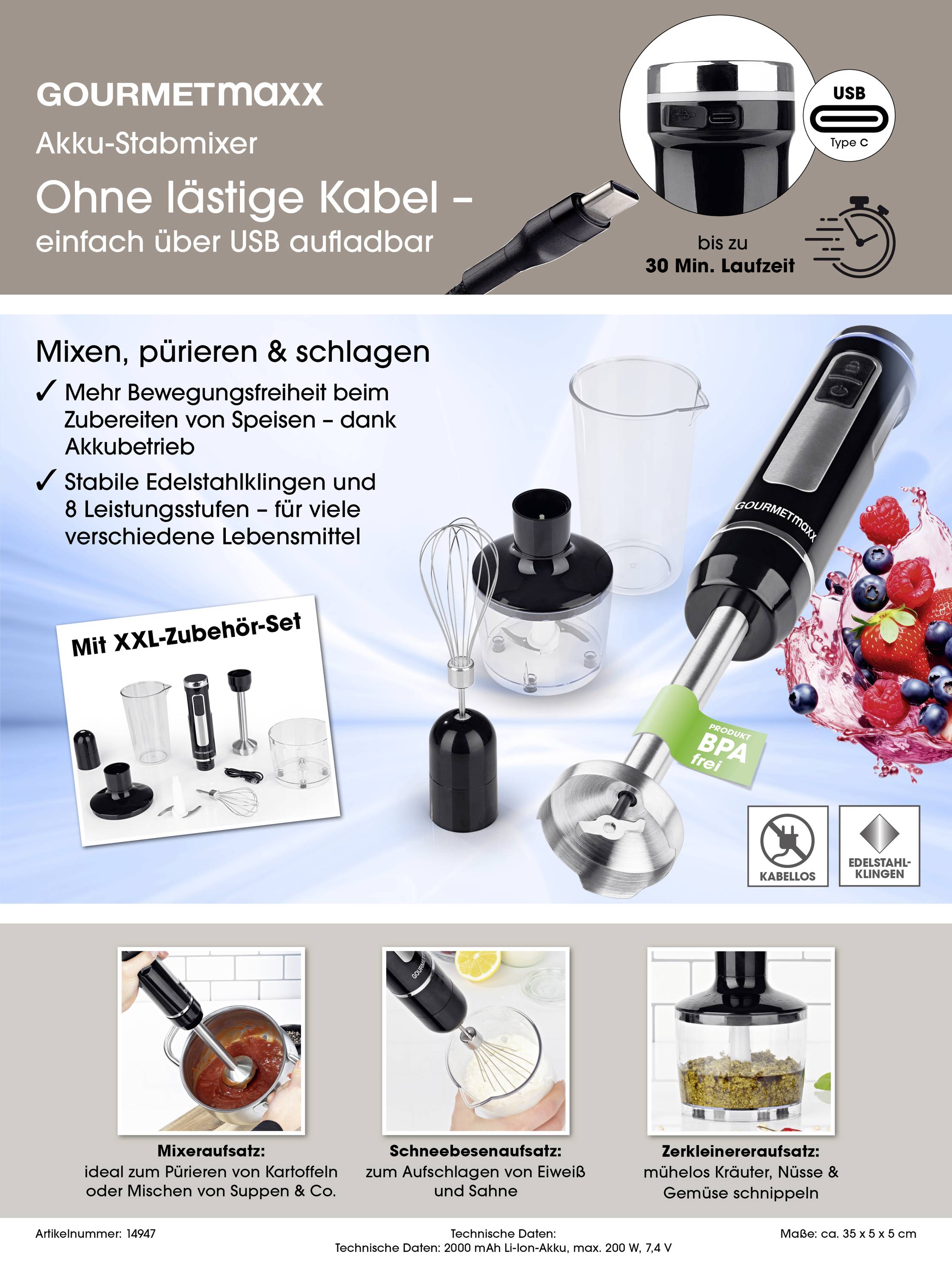 GourmetMaxx Stabmixer 200W akkubetrieben, mit Zerkleinereraufsatz, Schneebesenaufsatz, inkl. Mixaufsatz Schwarz, Silber