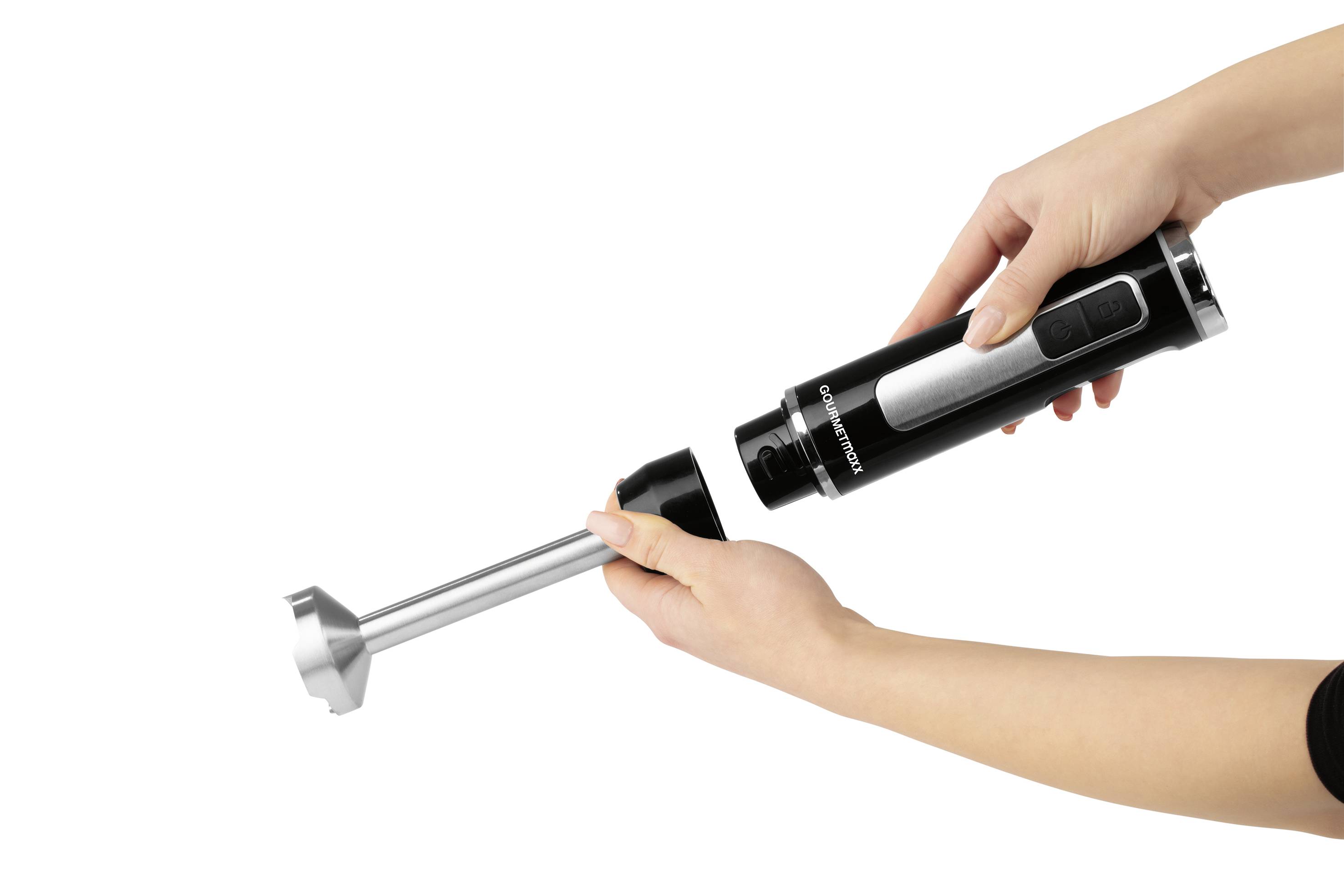 GourmetMaxx Stabmixer 200W akkubetrieben, mit Zerkleinereraufsatz, Schneebesenaufsatz, inkl. Mixaufsatz Schwarz, Silber