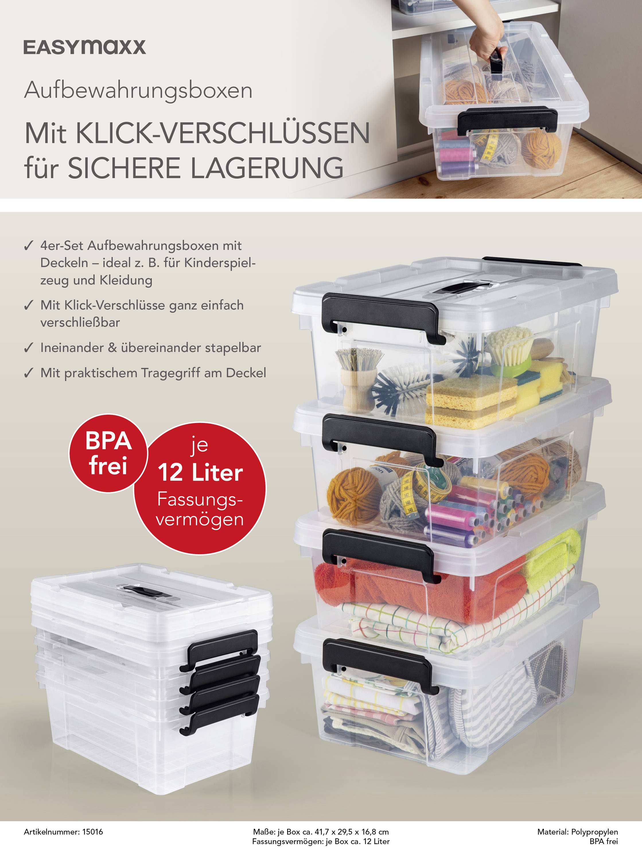 Easymaxx 15016 Aufbewahrungsbehälter Transparent, Schwarz 4St.