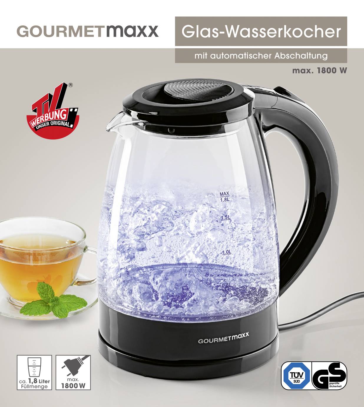 GourmetMaxx Wasserkocher Schwarz Fassungsvermögen: 1.8 l