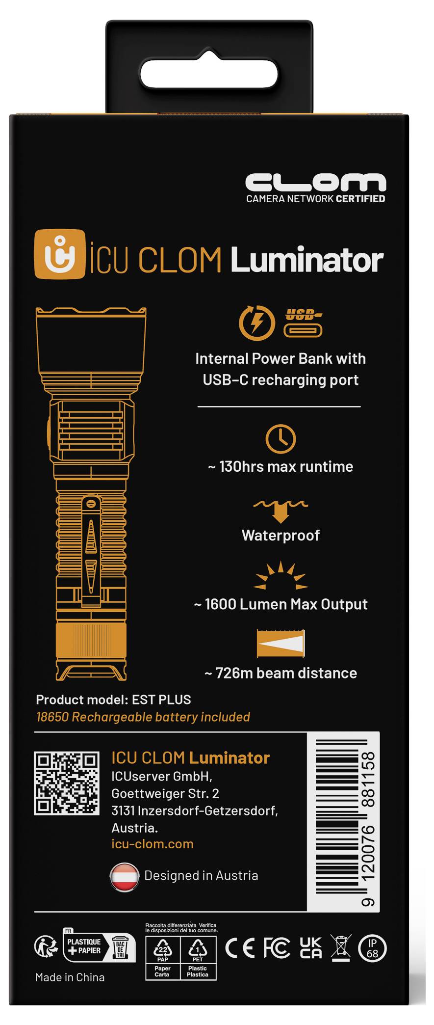 ICU Luminator LED Taschenlampe Große Reichweite, IP68 (wasserdicht), mit USB-Schnittstelle Li-Ionen Akkus 1600lm 120g