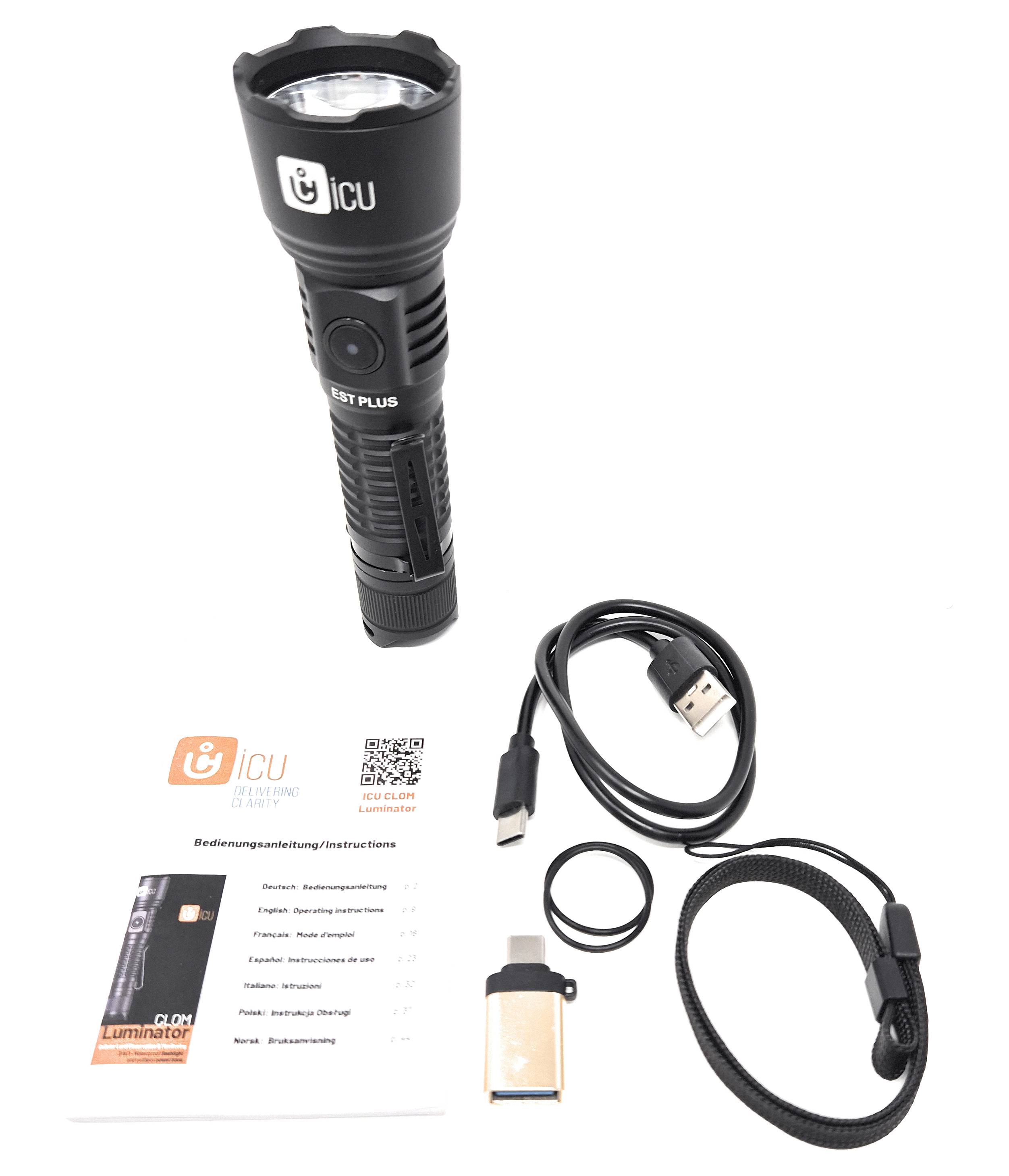 ICU Luminator LED Taschenlampe Große Reichweite, IP68 (wasserdicht), mit USB-Schnittstelle Li-Ionen Akkus 1600lm 120g