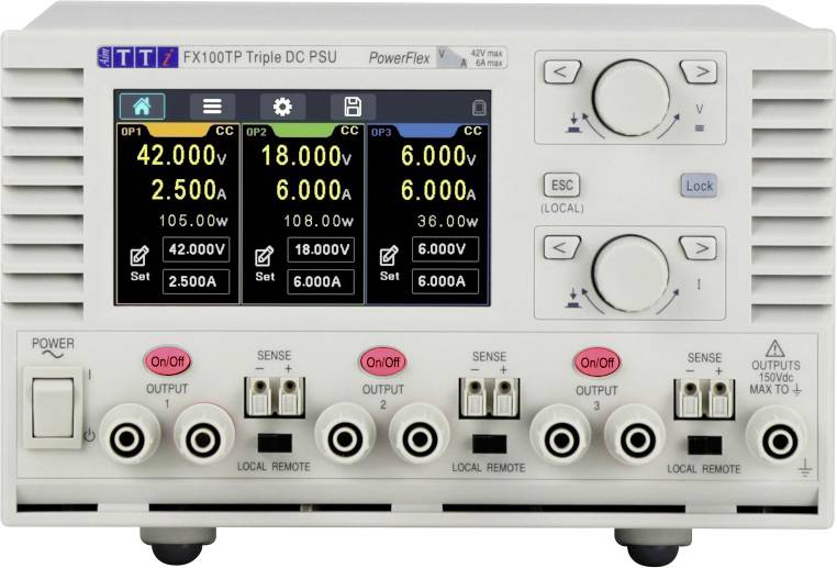 Elektronisches Messgerät mit digitalem Display zeigt Spannungswerte für drei Kanäle. Frontseitige Bedienelemente und Anschlüsse sichtbar.