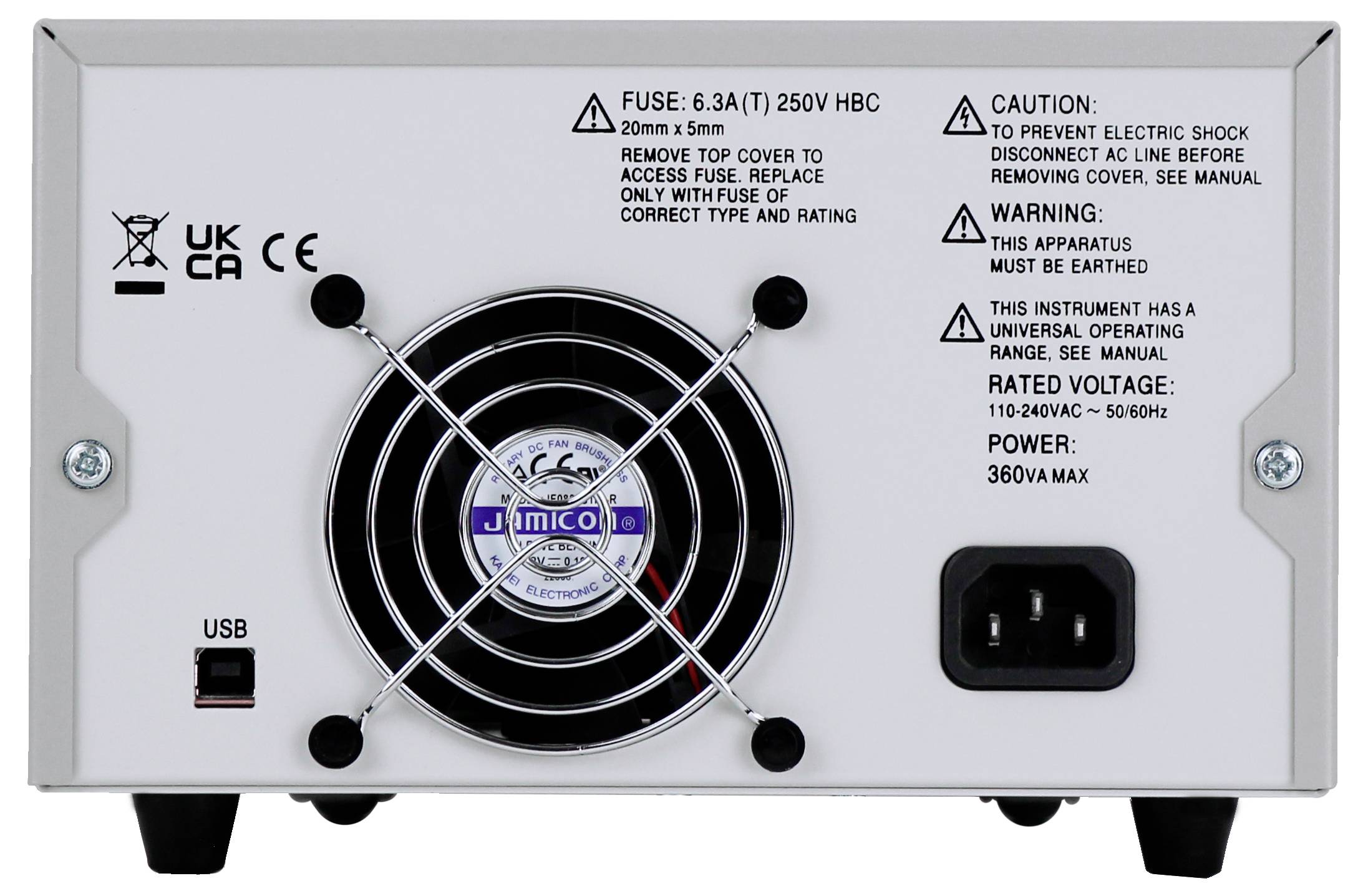 Computer-Netzteil-Rückseite mit Lüfter, USB-Anschluss, Netzkabelanschluss und Sicherheitshinweisen. Spannung: 110-240V, max. 360VA.