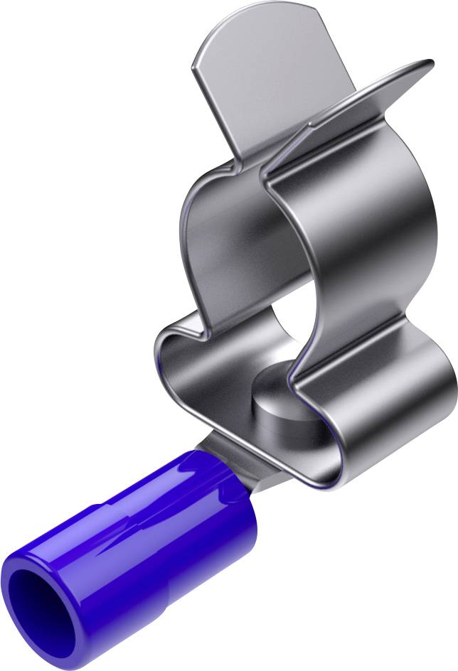 Metallklammer mit blauem Kunststoffgriff, verwendet zum Zusammenhalten von Materialien oder Befestigen in technischen Anwendungen.