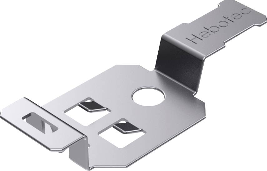 Metallclip mit Loch und zwei rechteckigen Schlitzen, die fest an einem Blech angebracht werden können. Markiert mit 'Hebotec'.