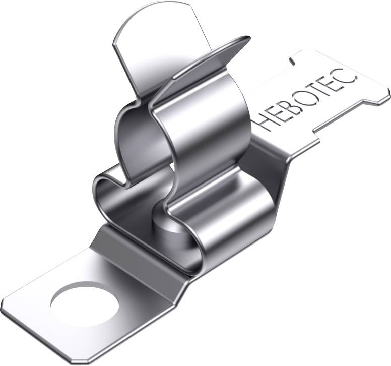 Metallklammer mit gebogenem Design und Loch am Ende, möglicherweise ein Befestigungselement von Hebotec.