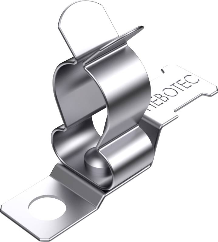 Ein silberner Metallclip mit seitlicher Öffnung und Halterung. Geeignet zur Befestigung von Kabeln oder Schläuchen, markiert mit 'HEBOTEC'.