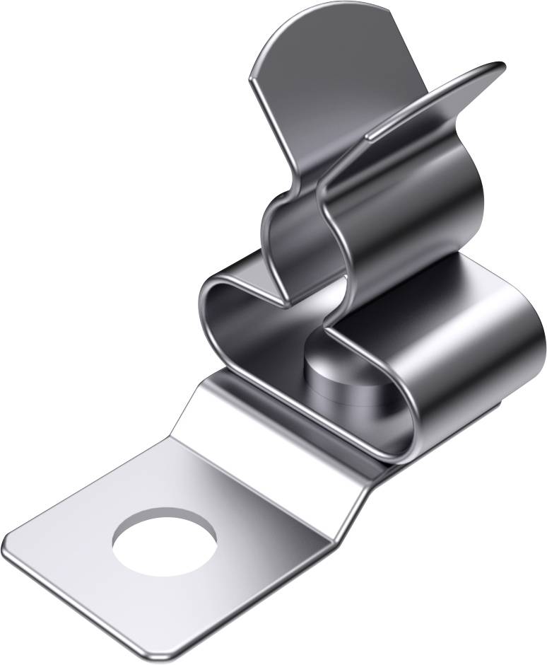 Ein silberfarbener Metallclip mit einer glatten, gebogenen Form und einer Befestigungsöffnung, geeignet zur Organisation von Kabeln oder Papieren.