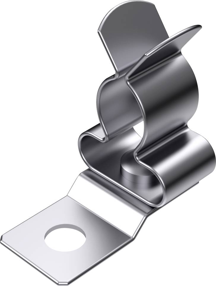 Ein silberner Metallclip, der möglicherweise zur Befestigung in Bauanwendungen verwendet wird, mit einer Bohrung zur Verschraubung.