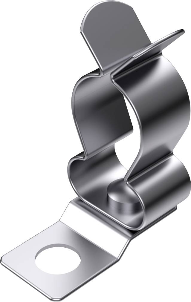 Metallhalterung mit gebogenem Klammerverschluss und Loch zur Befestigung; dient zur Fixierung von Rohren oder Kabeln an Oberflächen.