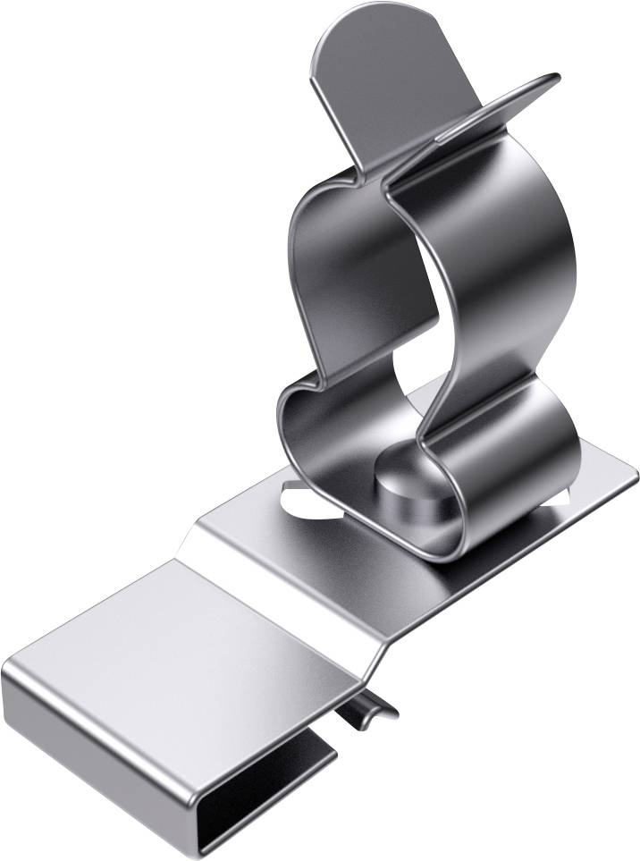 Ein silberner Metallclip mit gebogener Halterung, geeignet zum Befestigen an Kanten oder Stangen.