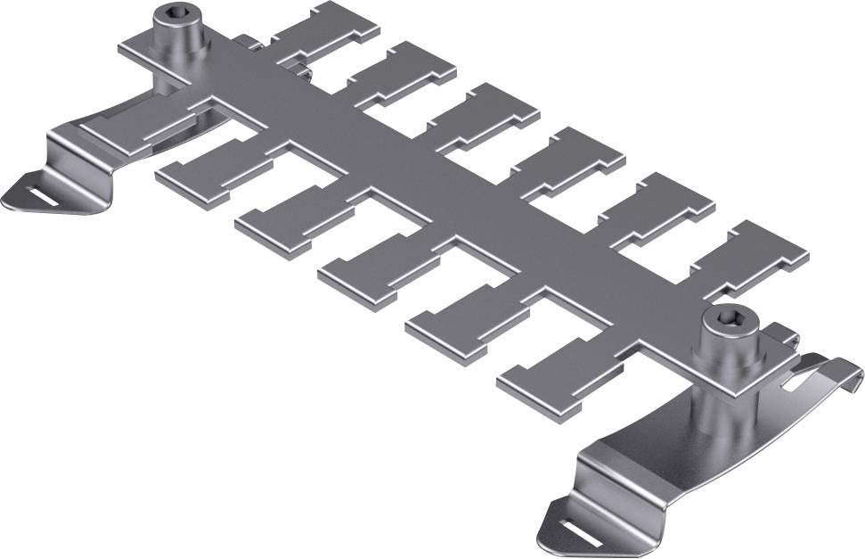Metallteil mit mehreren Aussparungen und zwei gebogenen Halterungen an den Enden, möglicherweise ein Befestigungselement.