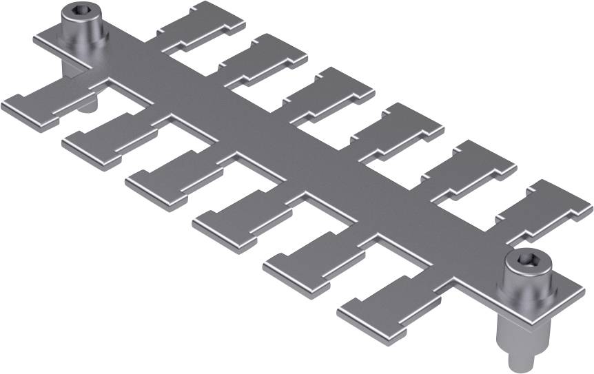 Metallbauteil mit mehreren T-förmigen Steckverbindungen auf einer Seite; mögliche Anwendung in der Elektronik oder Mechanik.