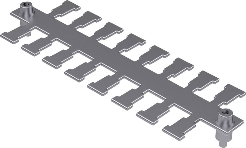 Metallischer Hahnenkamm in Grau, mit symmetrisch angeordneten Zinken, dient als Montagewinkel oder Befestigungselement in Technik.