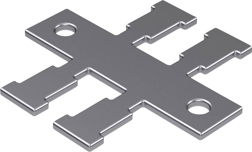 Eine silberne, kreuzförmige Metallplatte mit vier Armen, zwei runden Löchern und Aussparungen an den Enden, möglicherweise ein Befestigungselement.