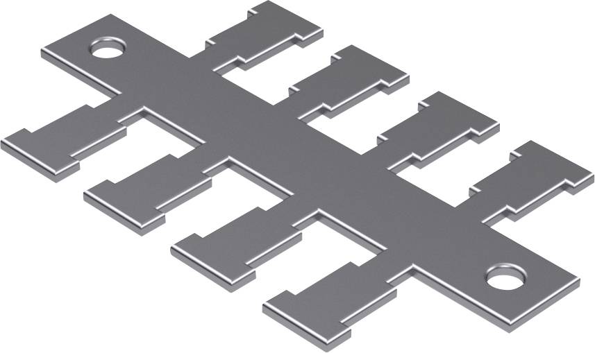 Graues, rechteckiges Metallteil mit symmetrischen, verzahnten Kanten und zwei Löchern, möglicherweise ein Bauteil für technische Geräte.