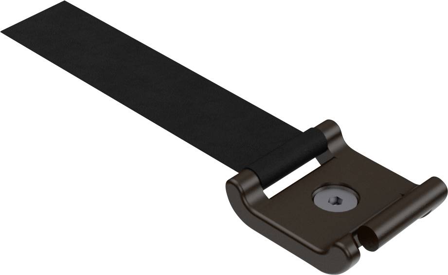 Brauner Türriegel mit schwarzem, flexiblem Band. Hält Türen sicher verschlossen. Geeignet für verschiedene Türtypen.