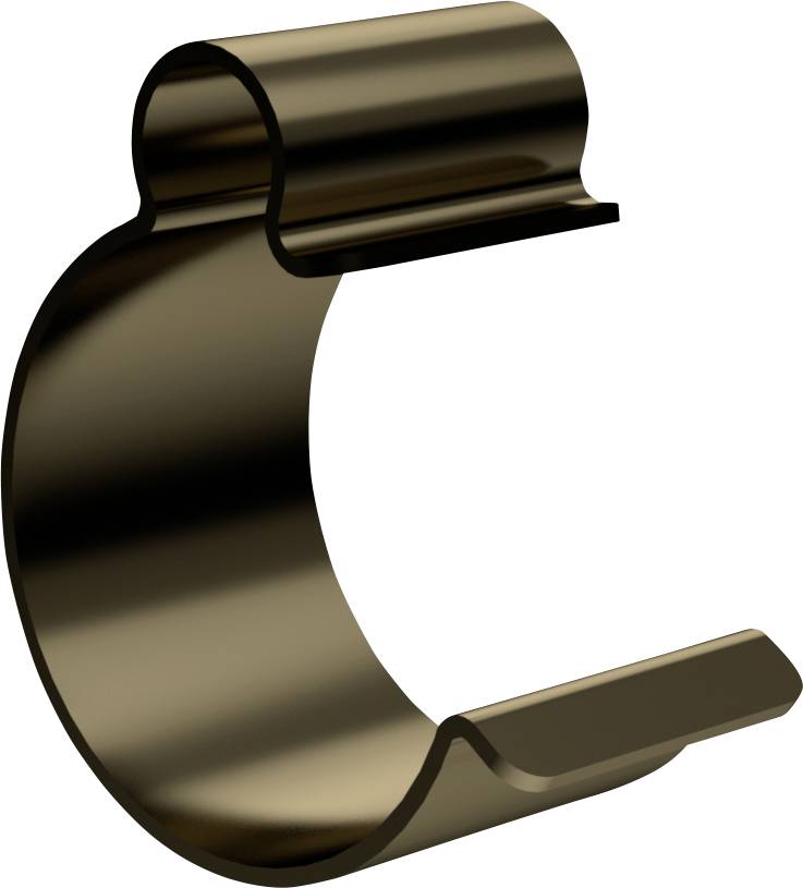 Brauner, gebogener Metallclip mit einer offenen, S-förmigen Form, möglicherweise ein Befestigungselement oder Halterung.