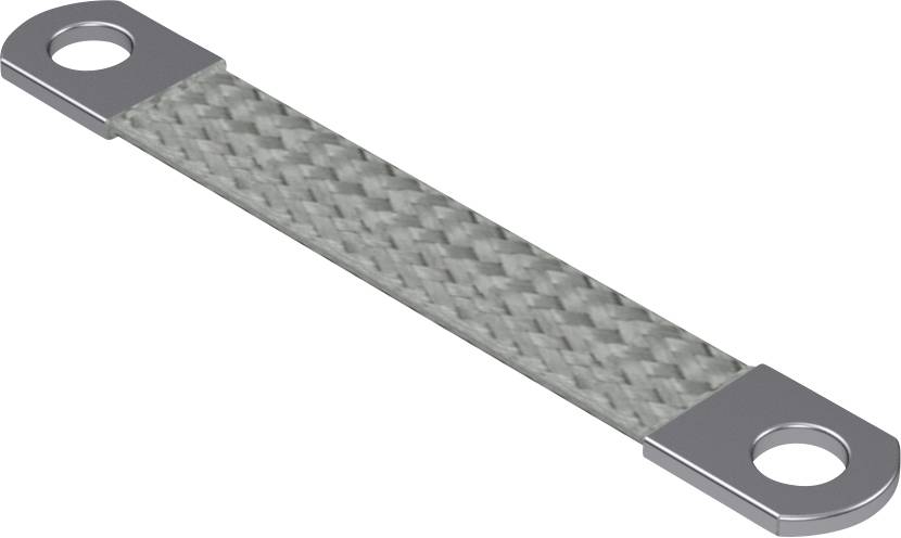 Graues geflochtenes Flachband mit Metallösen an beiden Enden, möglicherweise ein Erdungskabel für elektrische Anwendungen.