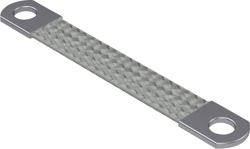 Ein grauer, geflochtener Erdungsdraht mit zwei Metallösen an den Enden liegt auf einer weißen Oberfläche.