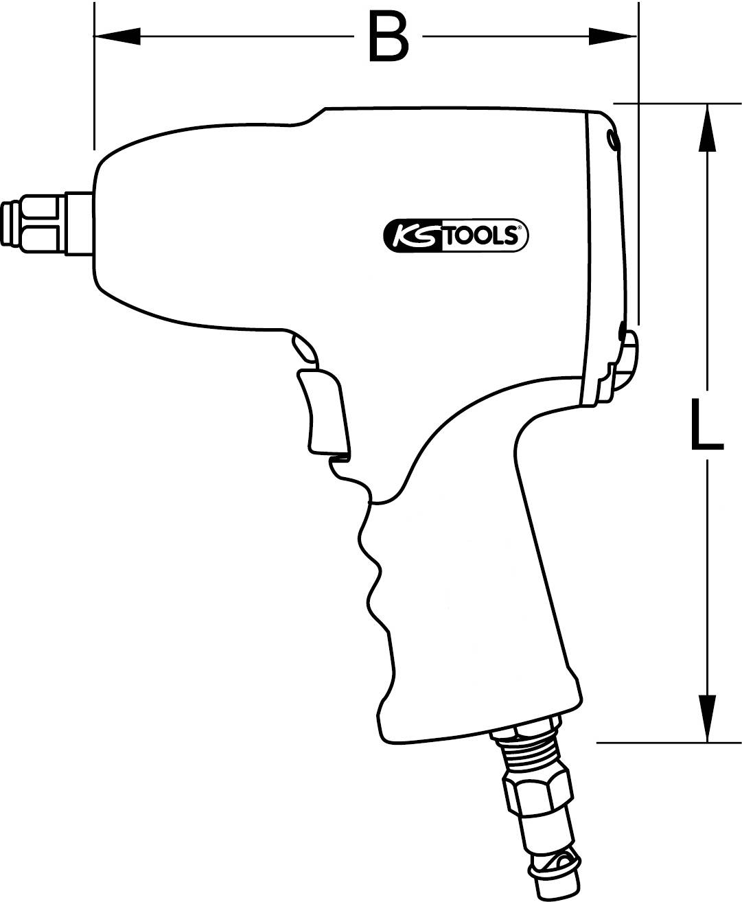 Zeichnung eines Druckluft-Schlagschraubers mit den Markierungen für Breite (B) und Länge (L), markiert mit dem Logo 'KS Tools'.