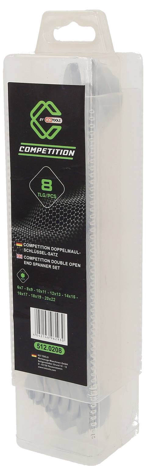 Werkzeugset in einer transparenten Verpackung, markiert mit 'Competition'. Enthält Doppelschlüsselgrößen 8-19mm.