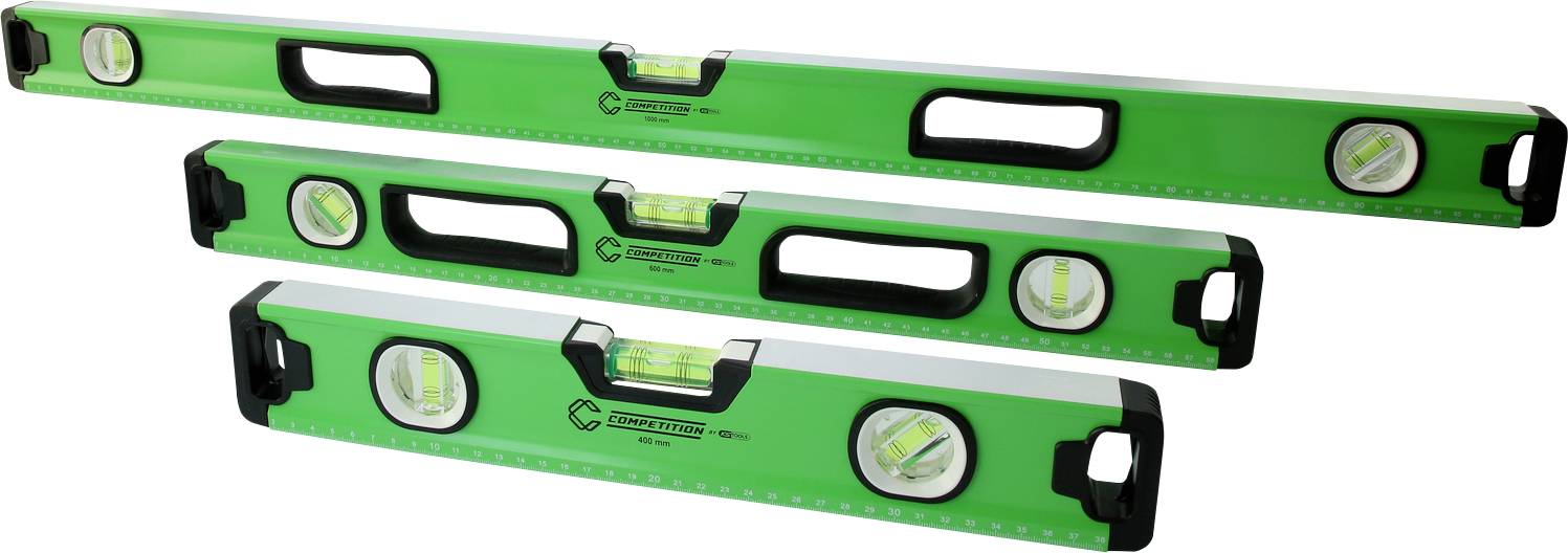 Drei grüne Wasserwaagen in verschiedenen Größen, horizontal ausgerichtet, mit sichtbaren Libellen zur Messung der Horizontalität.