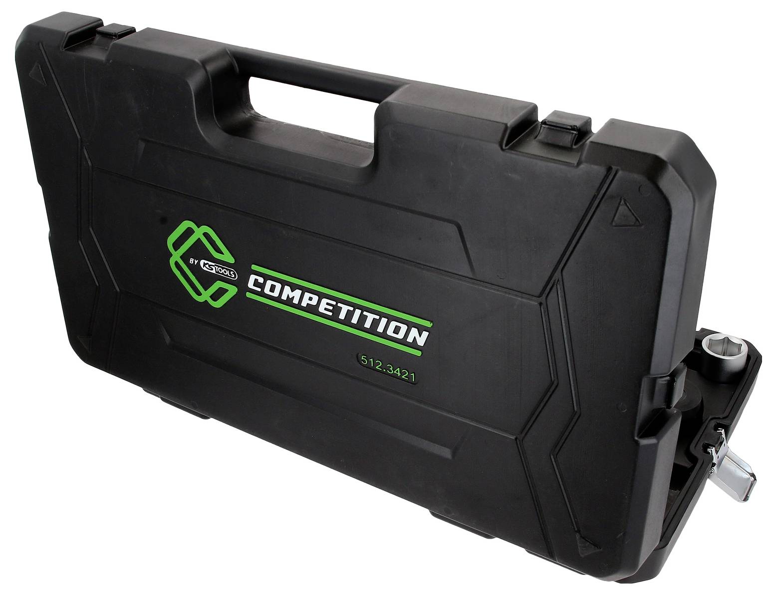 Schwarzer Hartschalenkoffer mit grünem 'COMPETITION'-Schriftzug und Tragegriff, geeignet für den Transport von Sportgeräten.