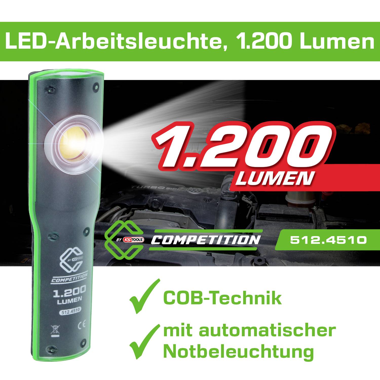 KS Tools 512.4510 COMPETITION LED-Arbeitsleuchte, dimmbar, 1200 Lumen, mit Ladestation 2021 Energieeffizienzklasse n.rel