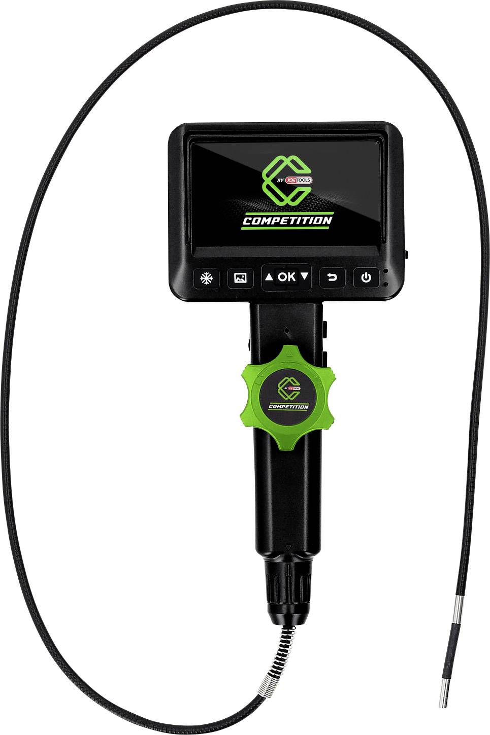 Ein tragbares Inspektionsendoskop mit Bildschirm und flexiblem Kabel. Es hat eine grüne Einfassung und Steuerknöpfe unter dem Display.