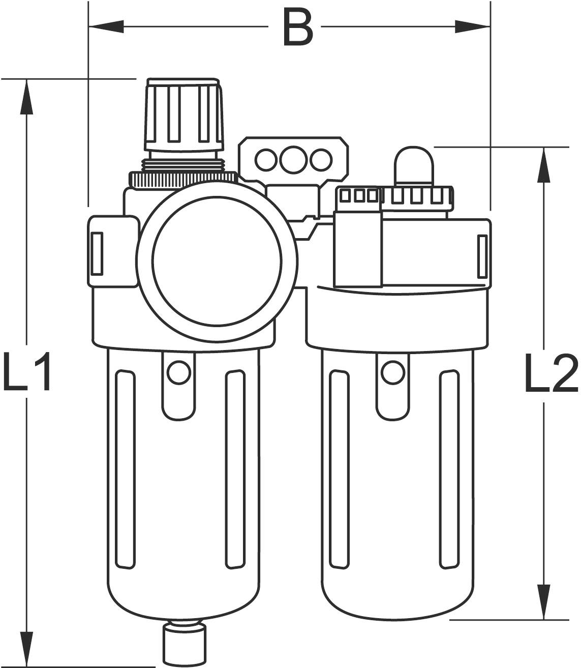 Technische Zeichnung eines zweizylindrigen Luftfilters mit markierten Höhen L1 und L2 sowie einer Breite B.