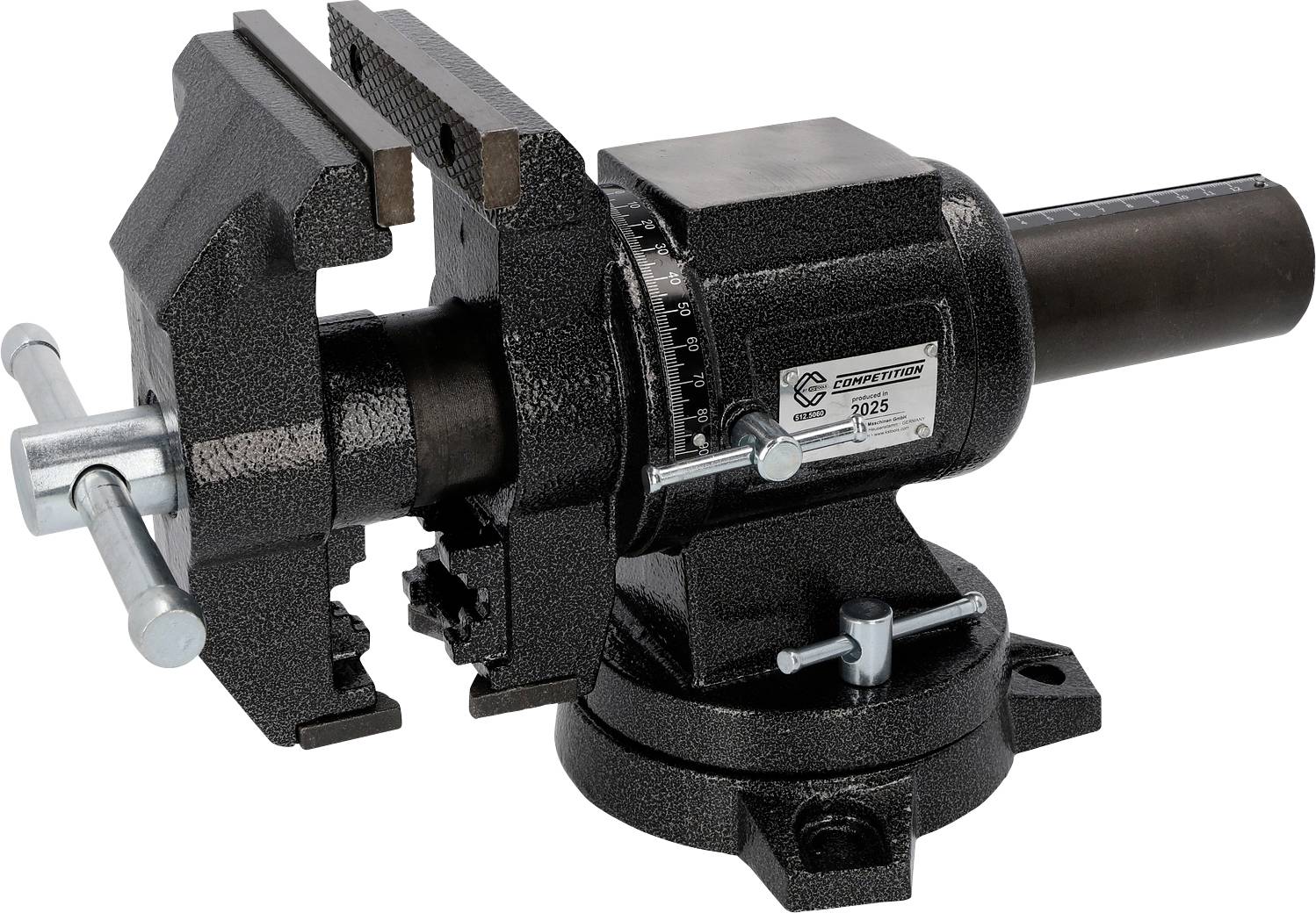 Eine schwarze Schraubstockzange aus Metall, montiert auf einer drehbaren Basis, zum sicheren Festhalten von Werkstücken während der Bearbeitung.