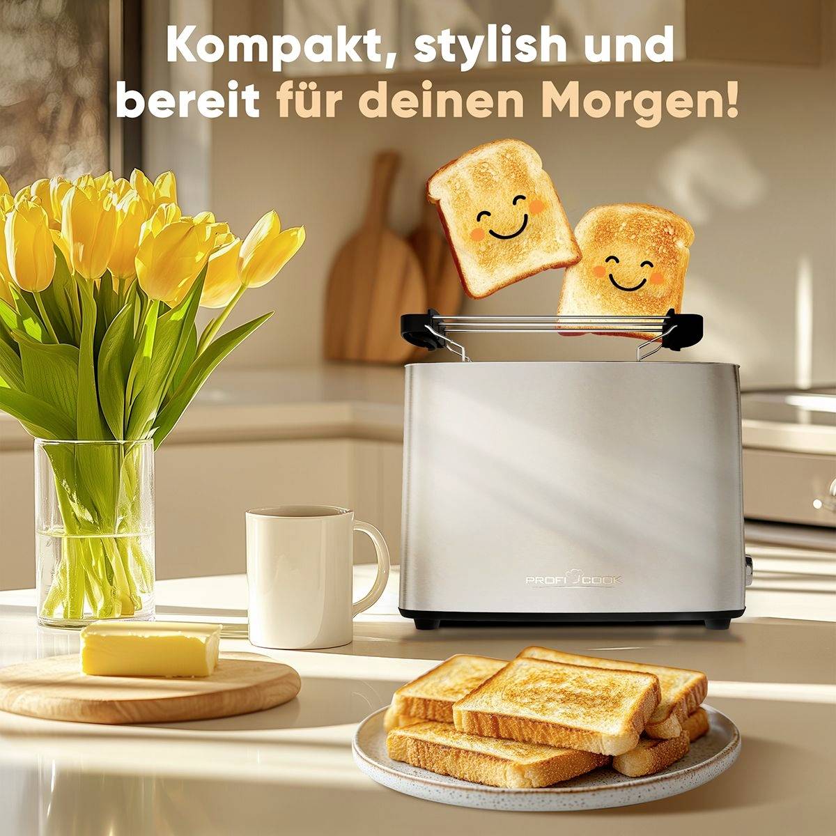 Ein Toaster in moderner Küche, zwei fröhliche Toasts springen heraus. Daneben stehen eine Tasse Kaffee, eine Vase mit gelben Tulpen und ein Teller Toast. Text: 'Kompakt, stylish und bereit für deinen Morgen!'